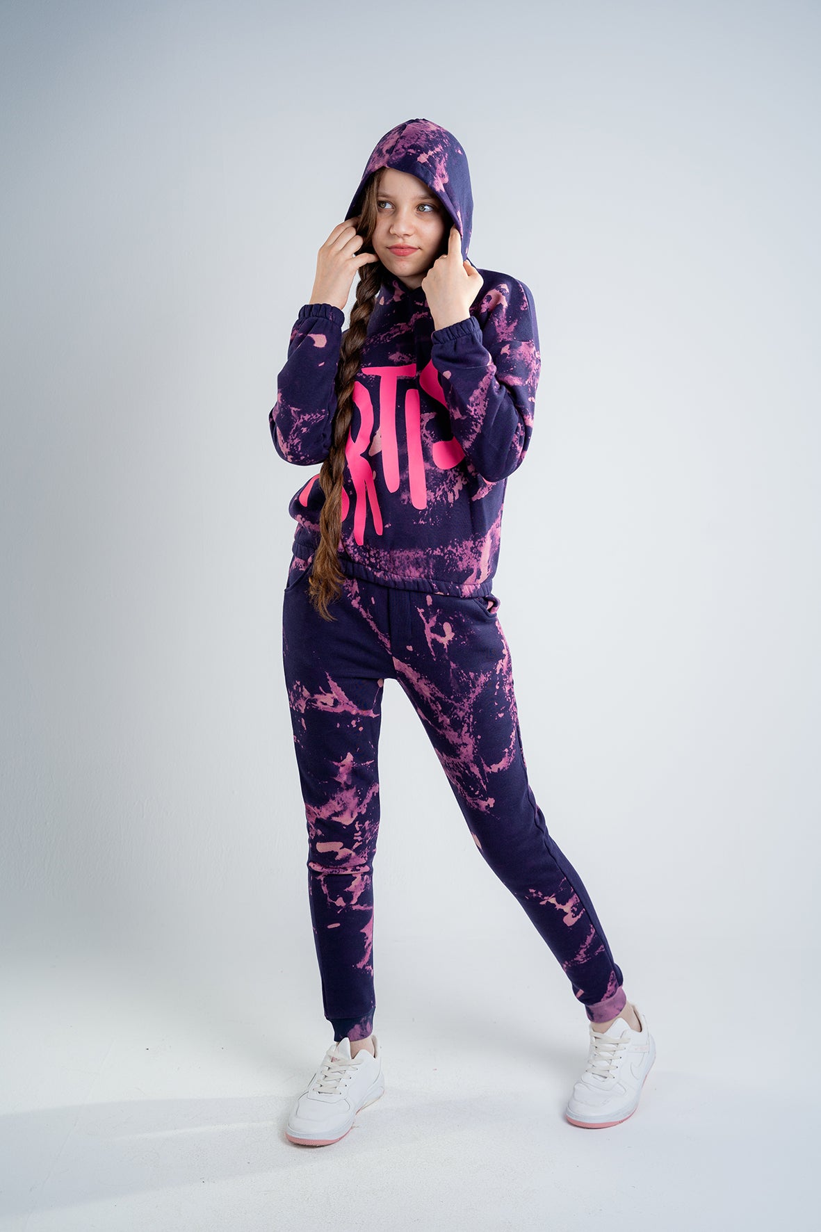 Girls Tie Dye Navy Pajama Cropped Hoodie with Joggers