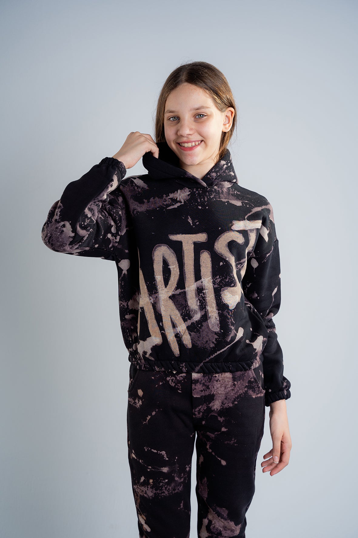 Girls Tie Dye Black Pajama Cropped Hoodie with Joggers