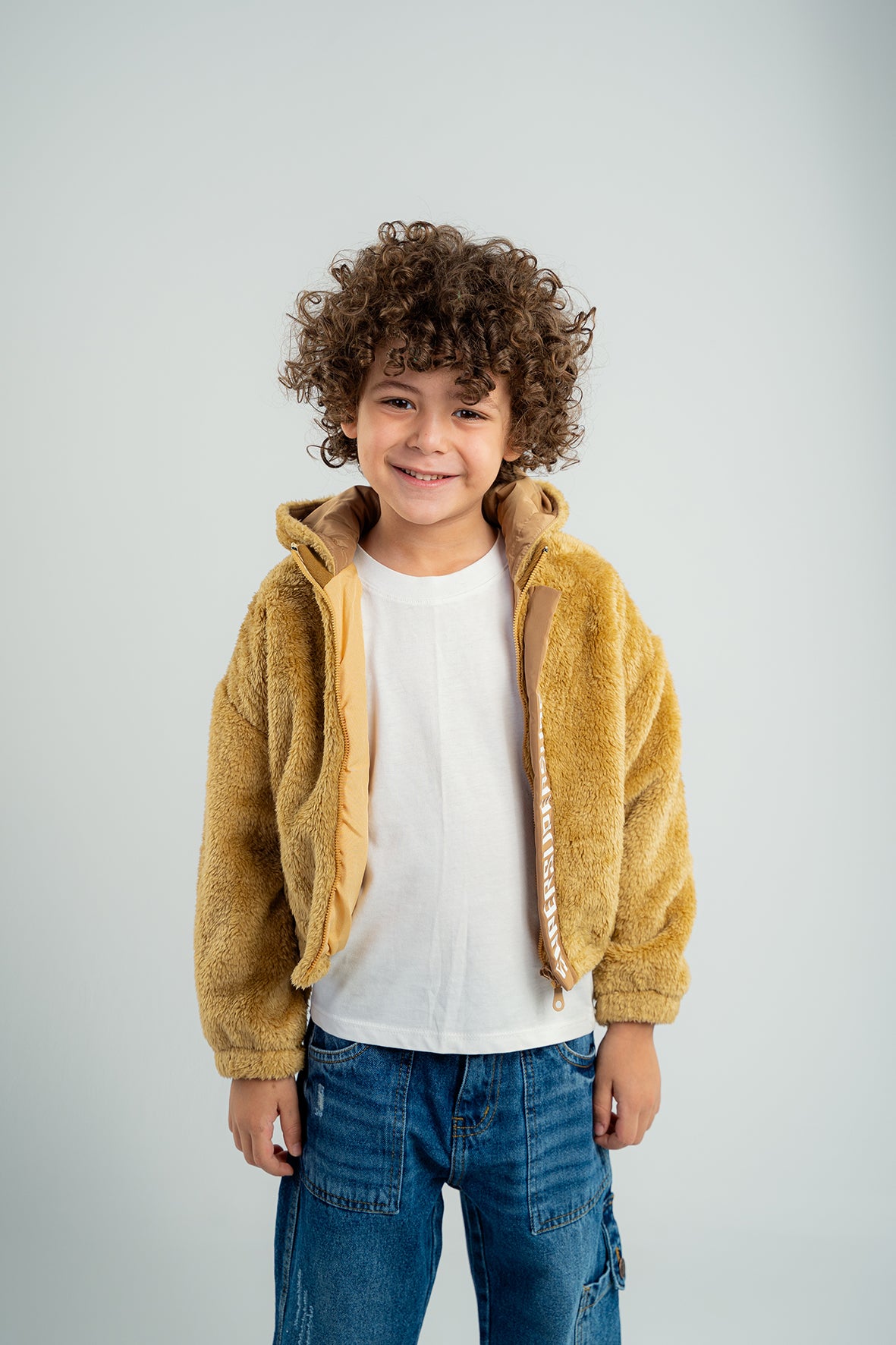 Boys Camel Faux Fur Hooded Jacket