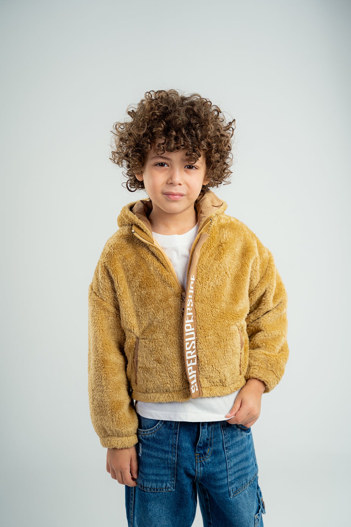 Boys Camel Faux Fur Hooded Jacket