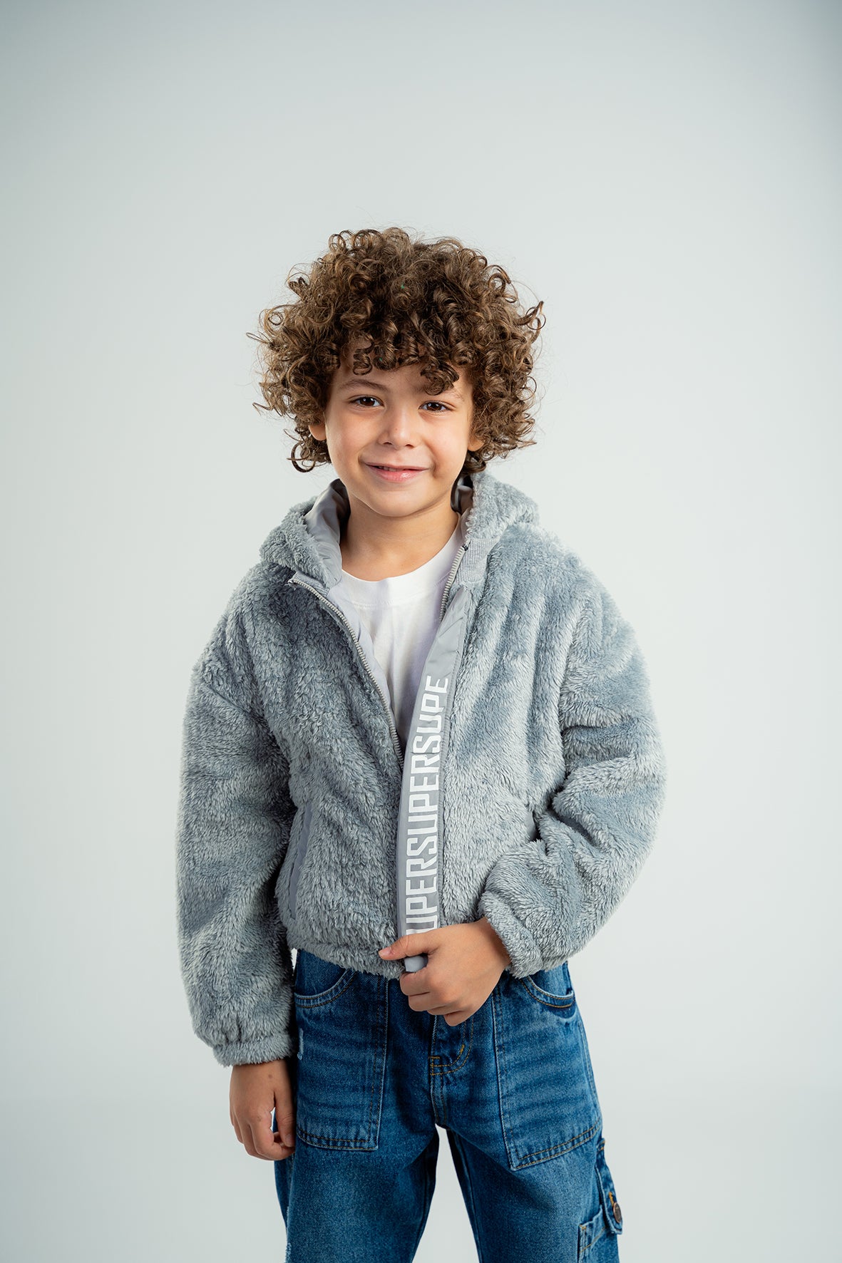 Boys Gray Faux Fur Hooded Jacket