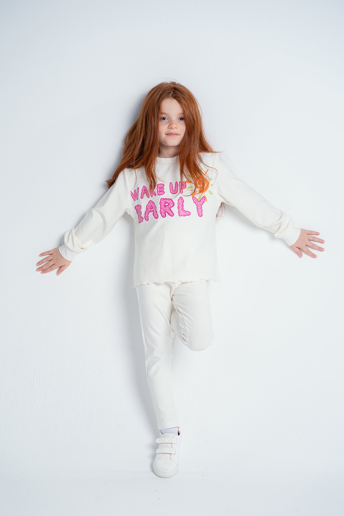Girls White Cotton Pajama With Print