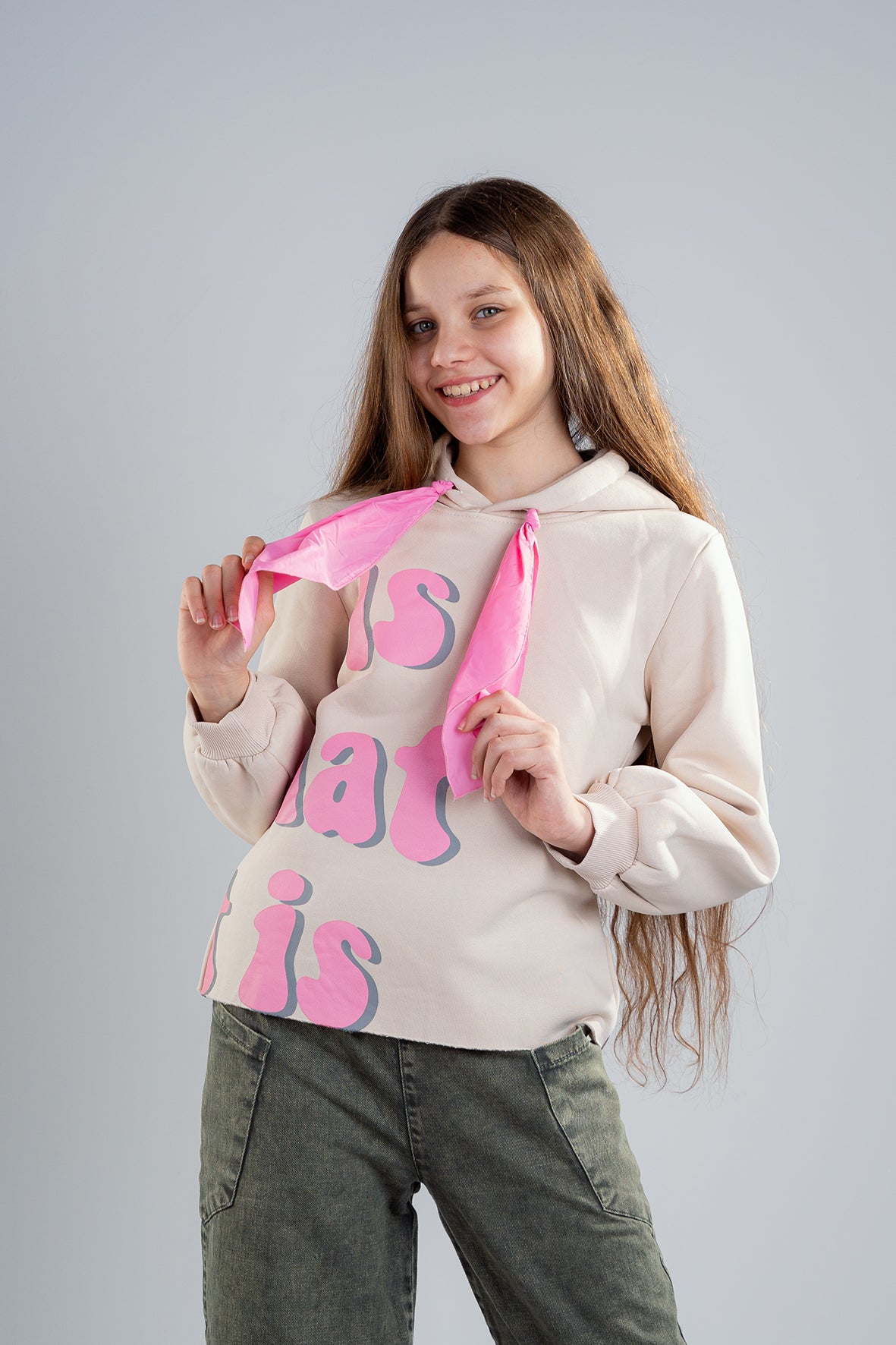 Girls Casual Printed Beige Hoodie with Wide Tie