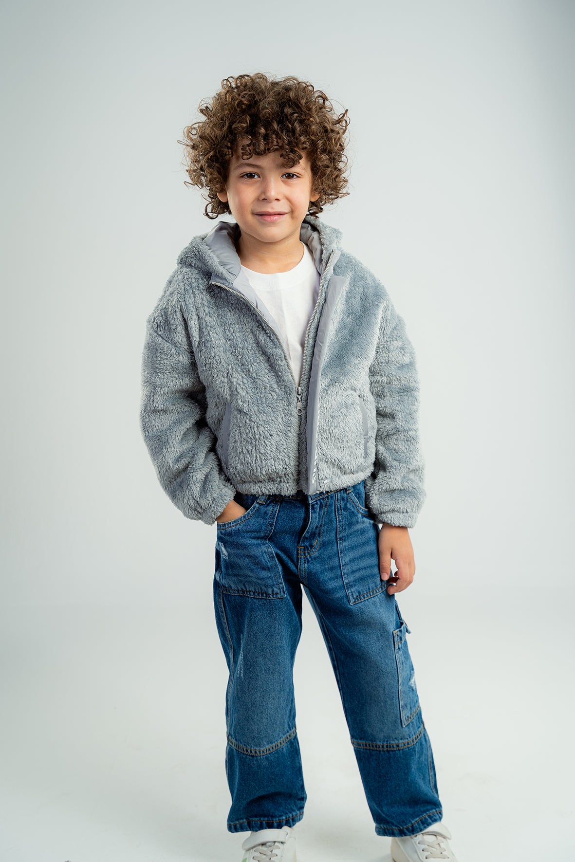 Boys Gray Faux Fur Hooded Jacket