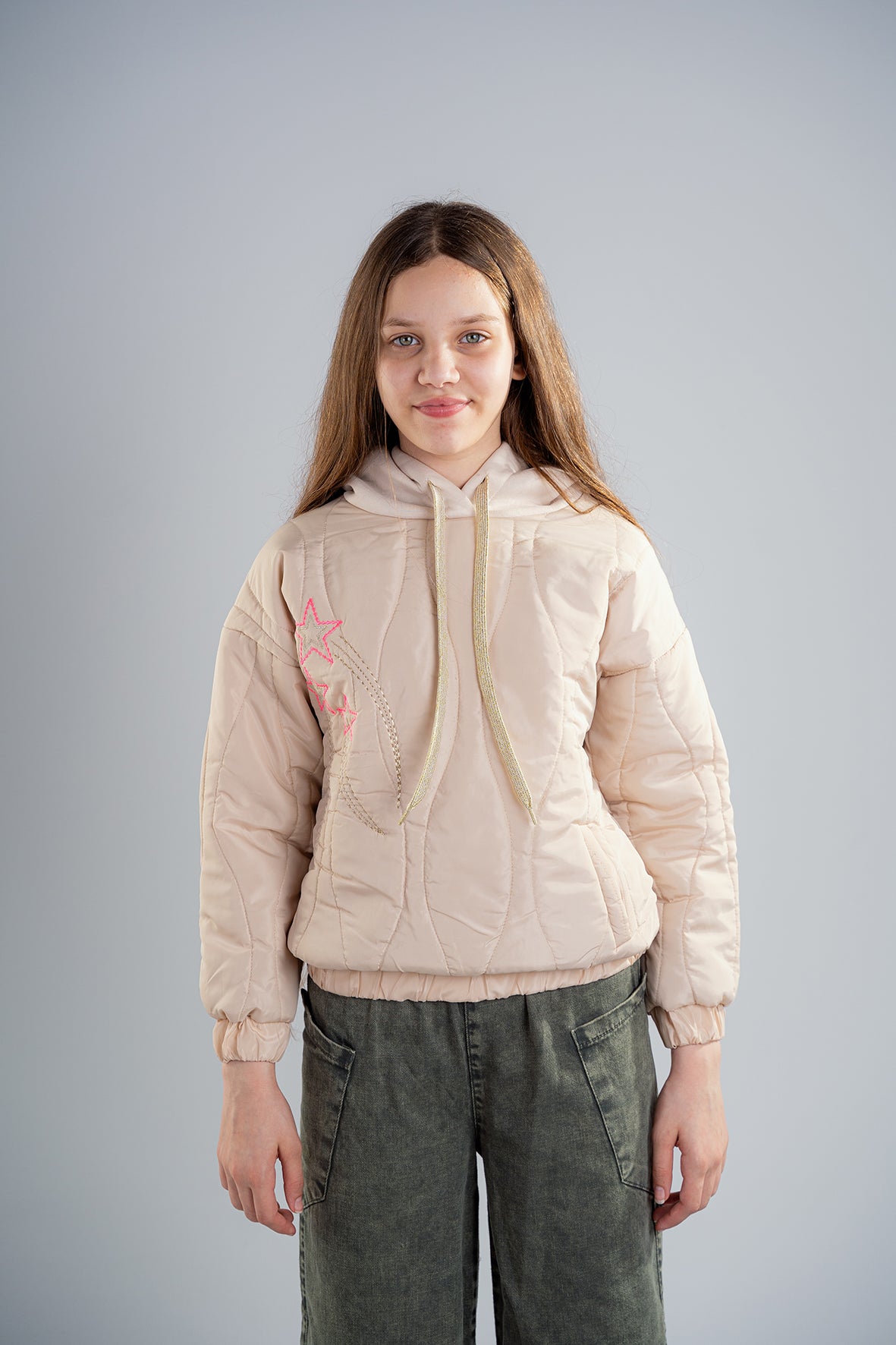 Girls Casual Beige Hooded Embroidered Sweatshirt