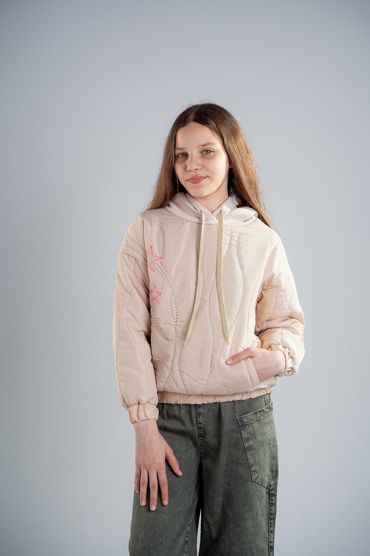 Girls Casual Beige Hooded Embroidered Sweatshirt