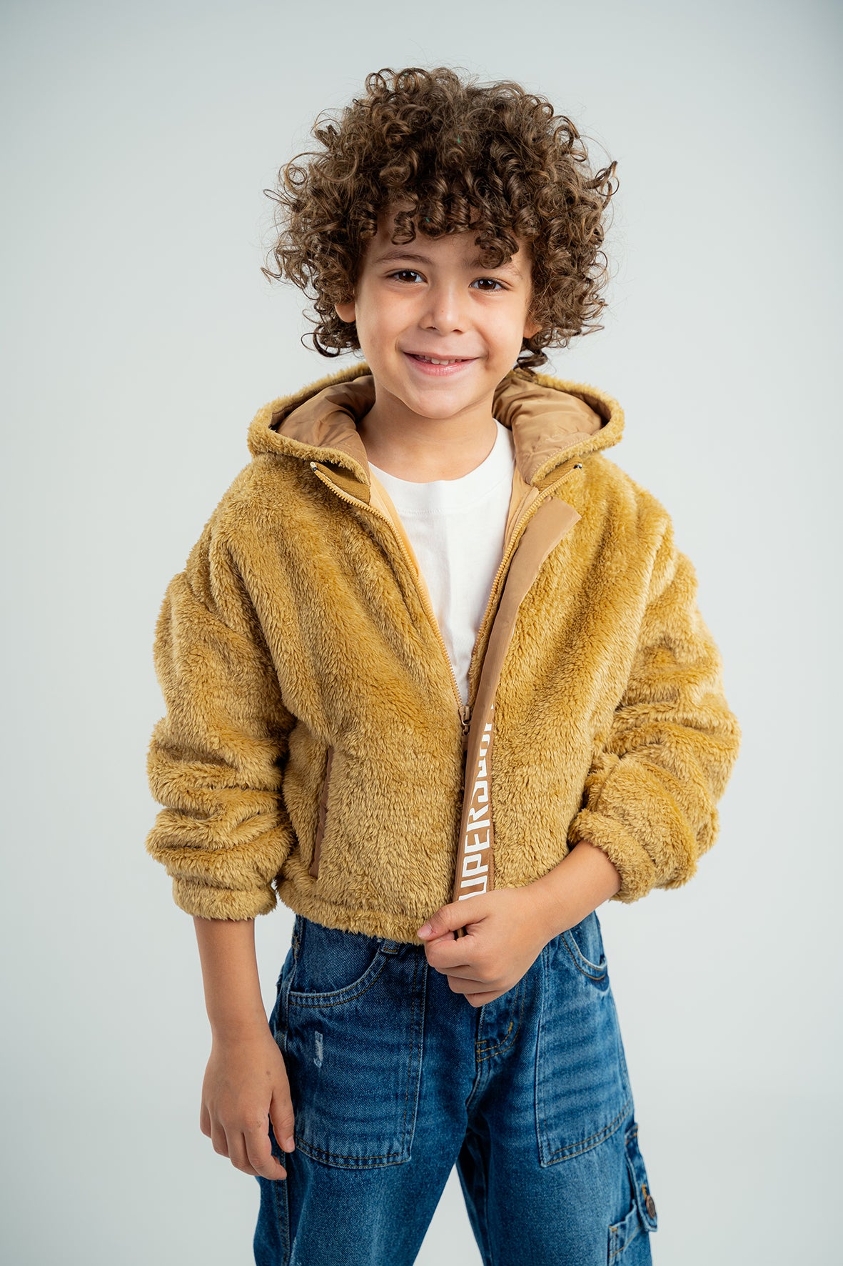 Boys Camel Faux Fur Hooded Jacket