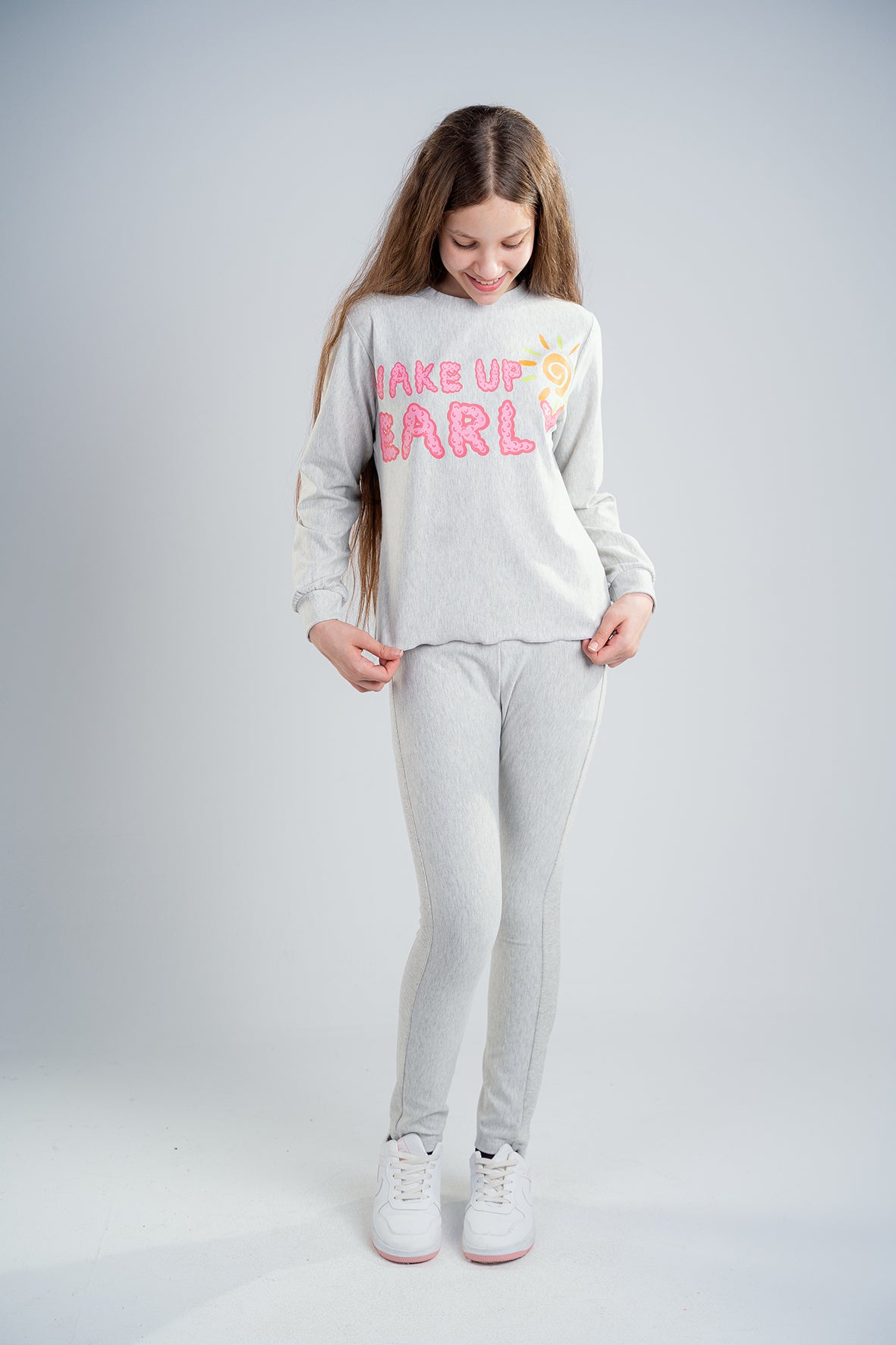 Girls Gray Cotton Pajama With Print