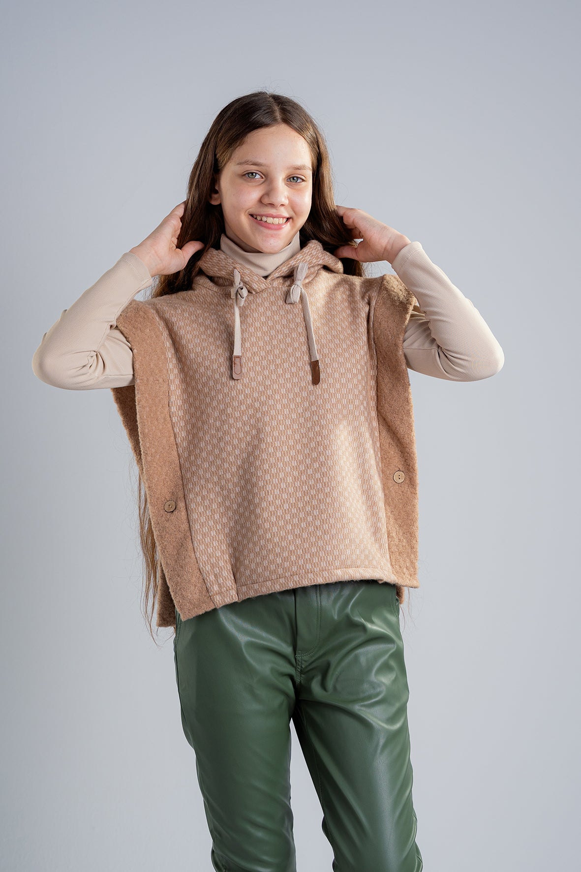 Girls Dark Beige knitted string vest with a hood
