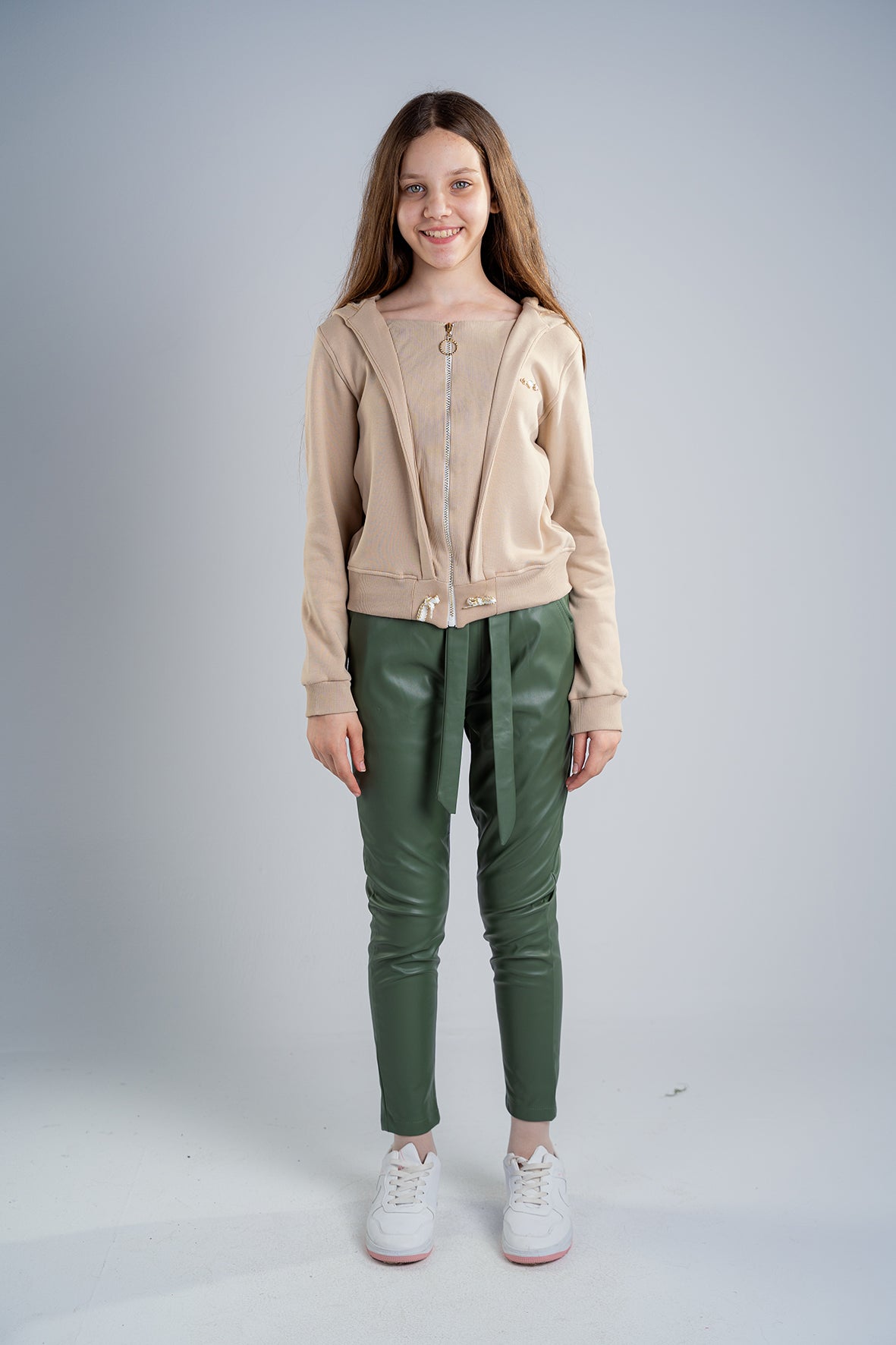 Girls Olive Leather trousers with a tie at the front