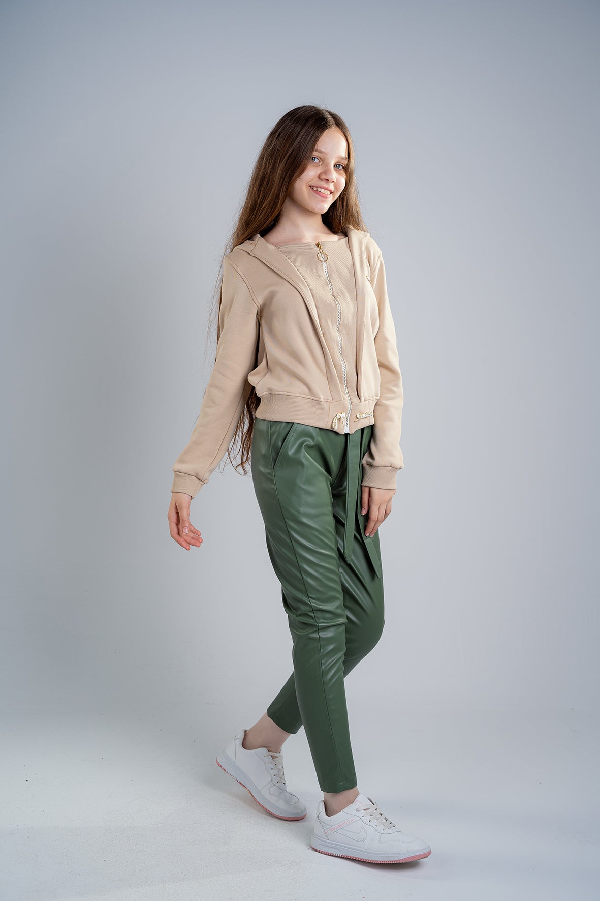 Girls Olive Leather trousers with a tie at the front