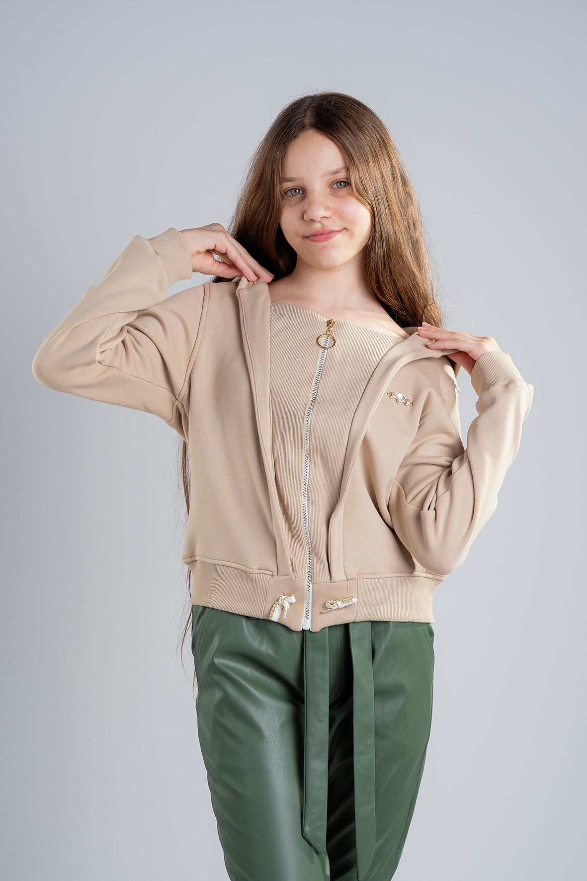 Girls Olive Leather trousers with a tie at the front