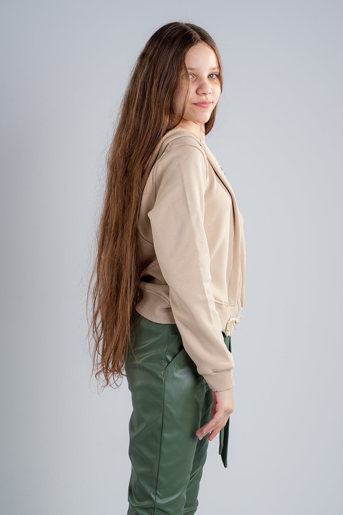 Girls Olive Leather trousers with a tie at the front