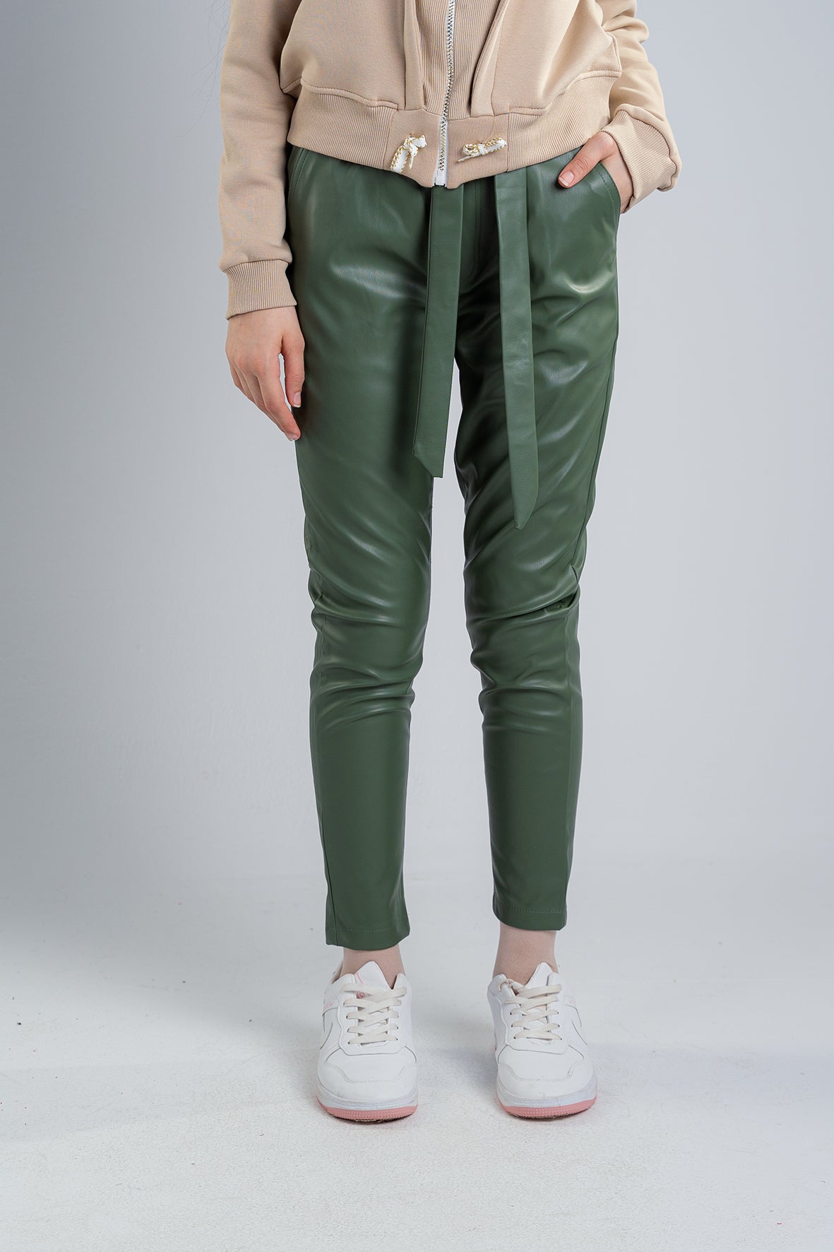 Girls Olive Leather trousers with a tie at the front