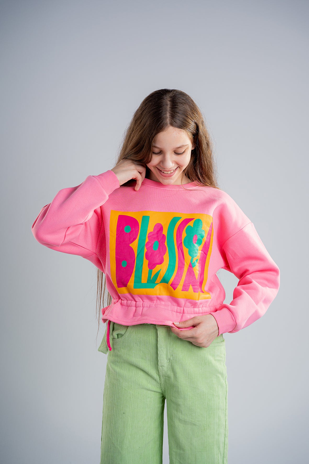 Girls Pink Sweatshirt With Blossom Printed