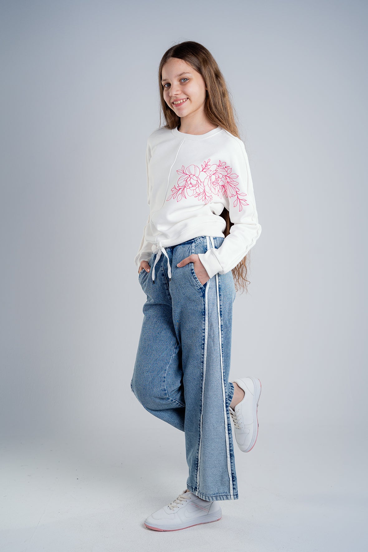 Girls High Rise Wide Leg Elastic waist Blue Jeans