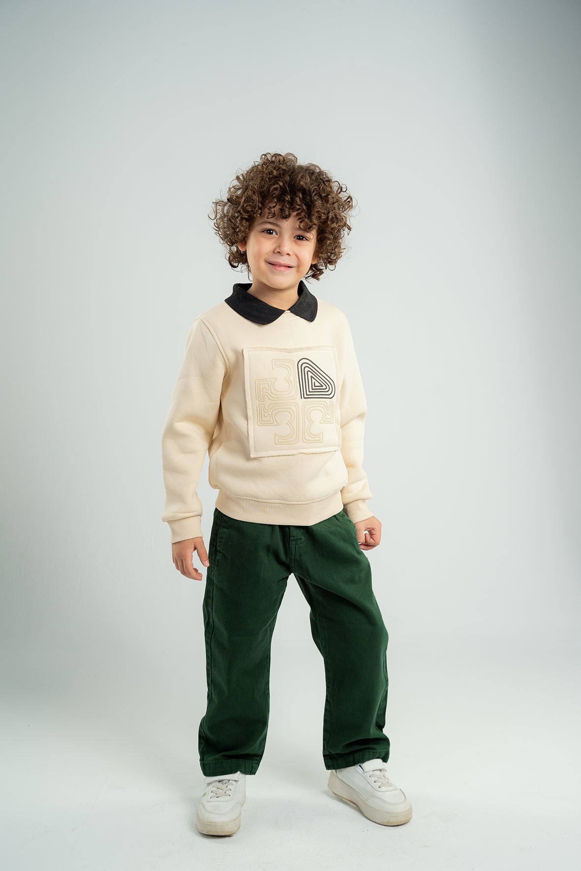 Boys Beige Polo Collar Sweatshirt With Print