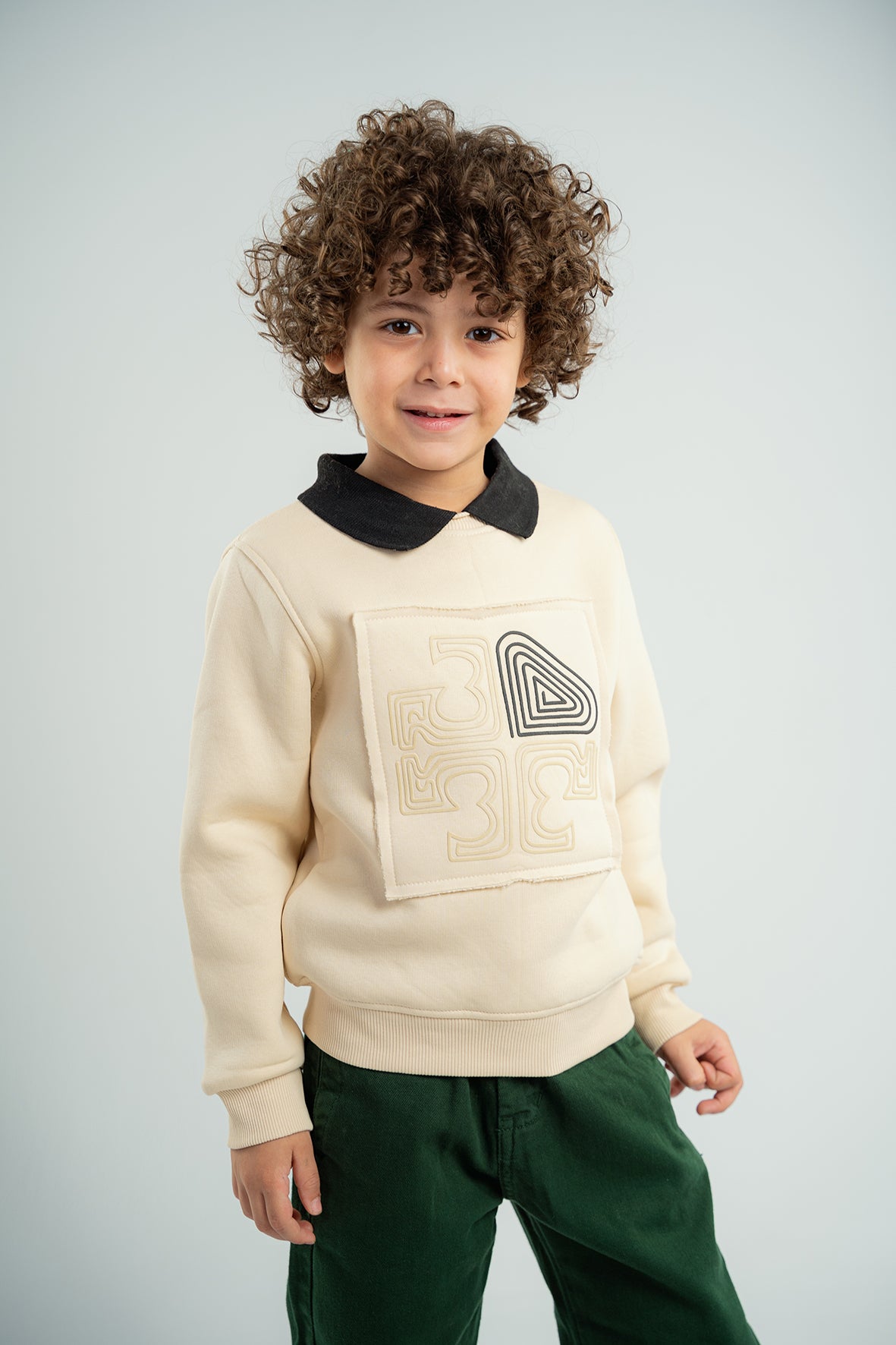 Boys Beige Polo Collar Sweatshirt With Print