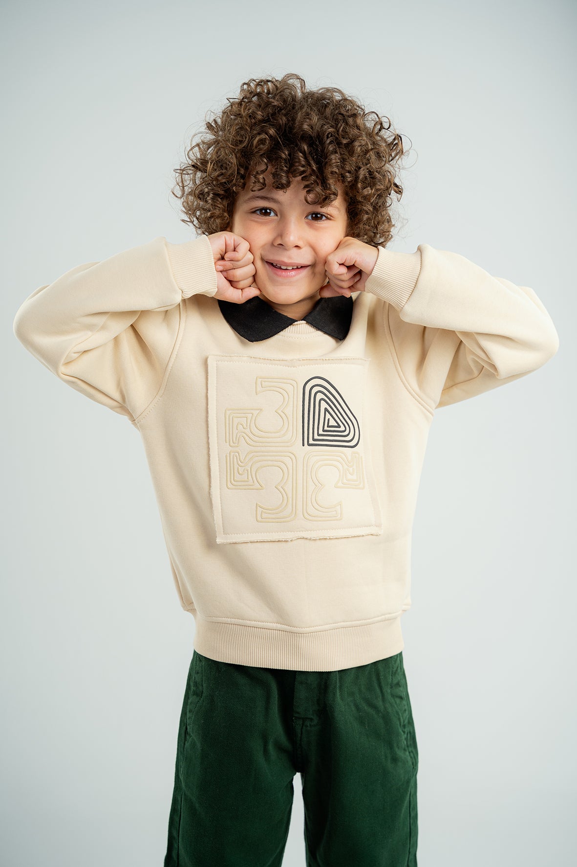 Boys Beige Polo Collar Sweatshirt With Print