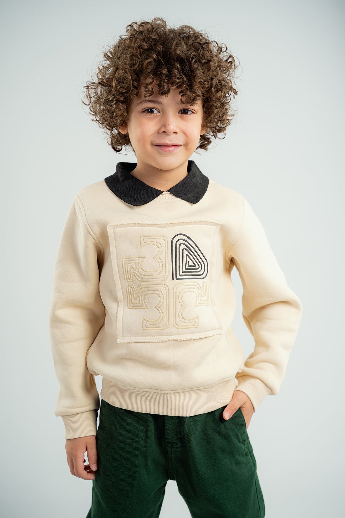 Boys Beige Polo Collar Sweatshirt With Print