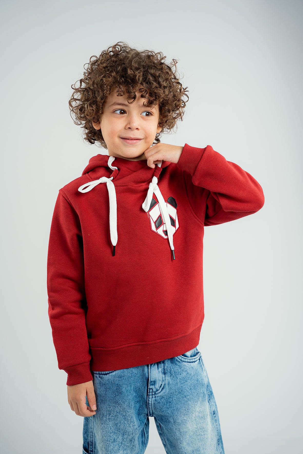 Boys Dark Red Hoodie with Panda Face Embroidered