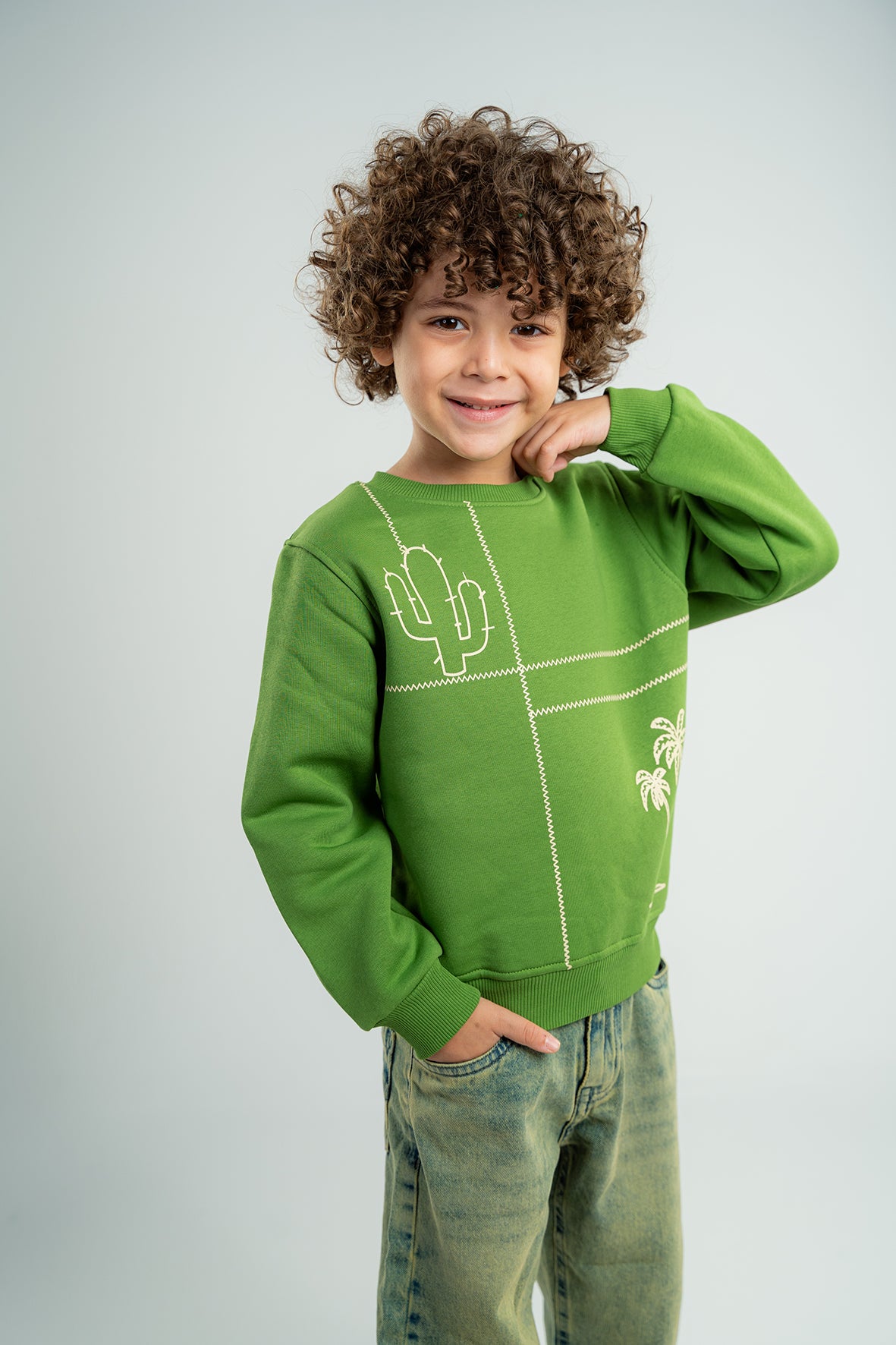 Boys Printed Green Fleece Sweatshirt