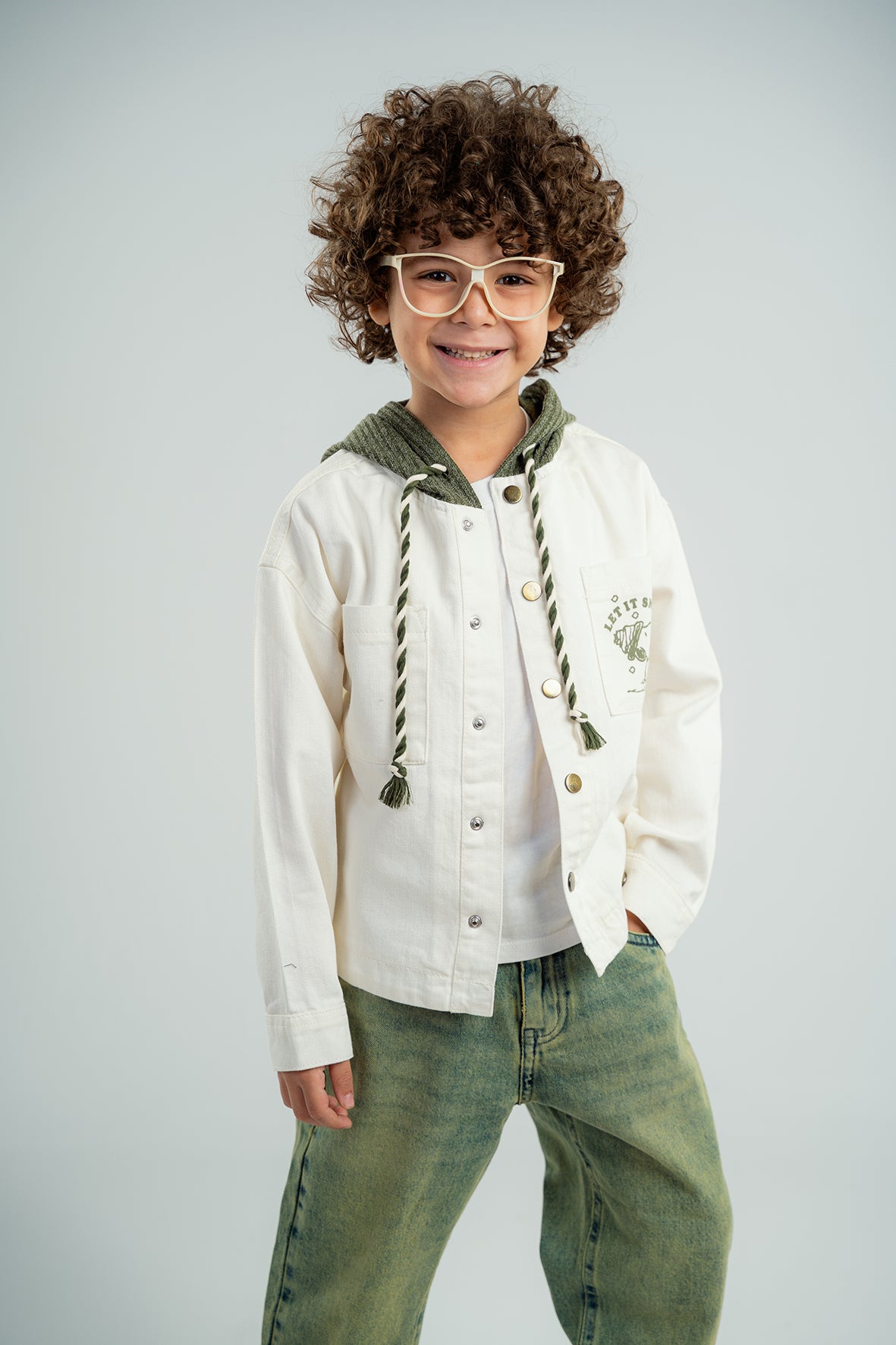 Boys Off White Linen Printed Jacket