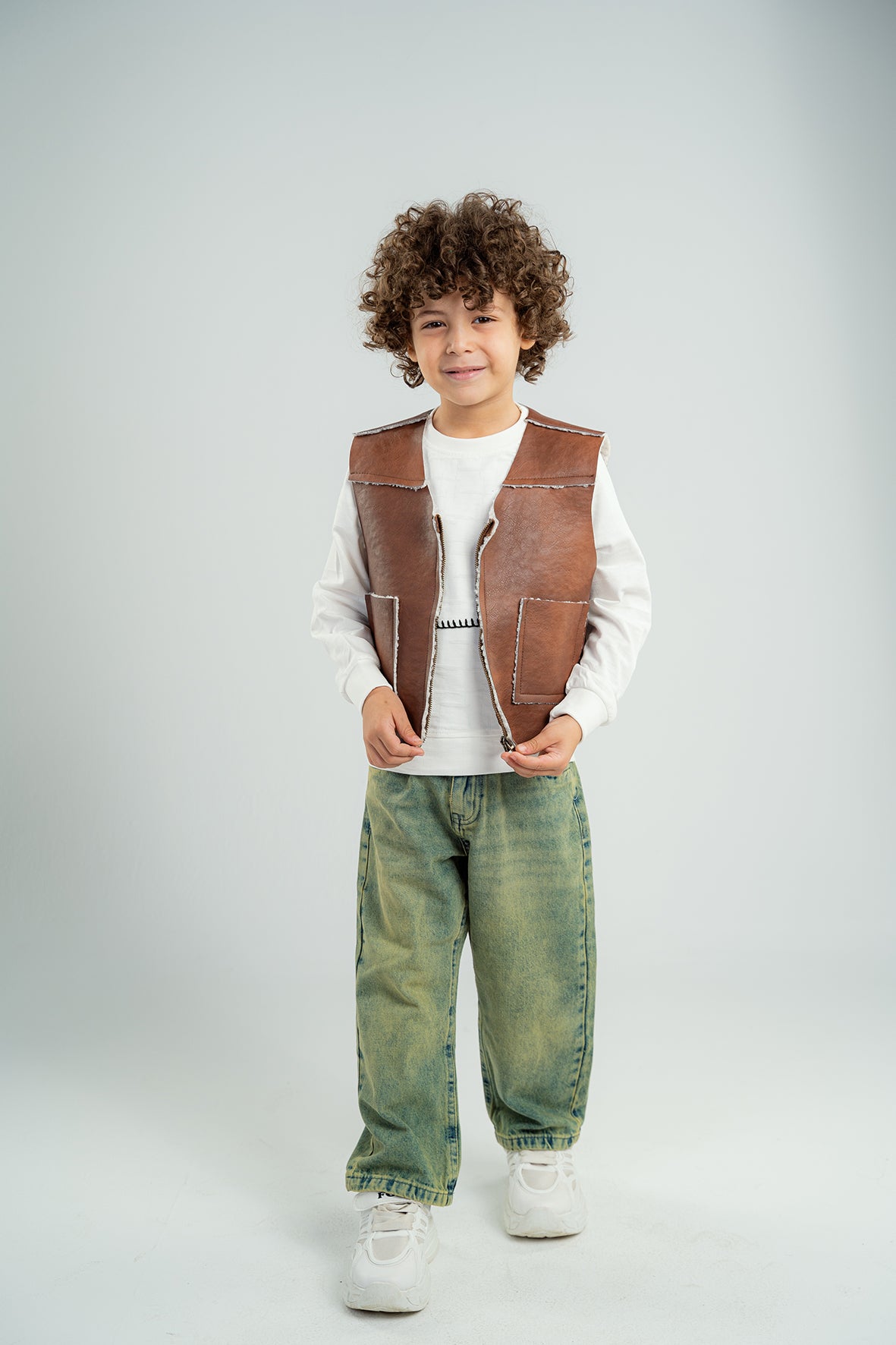 Boys Brown Leather Vest With White Details