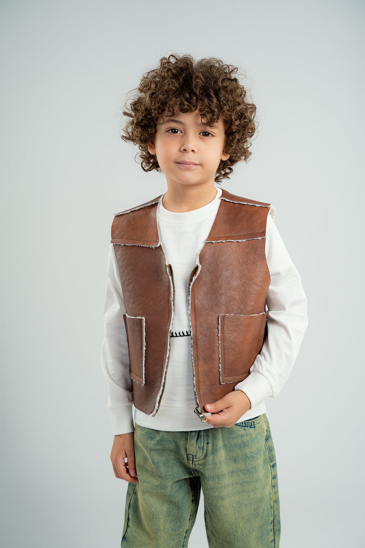 Boys Brown Leather Vest With White Details