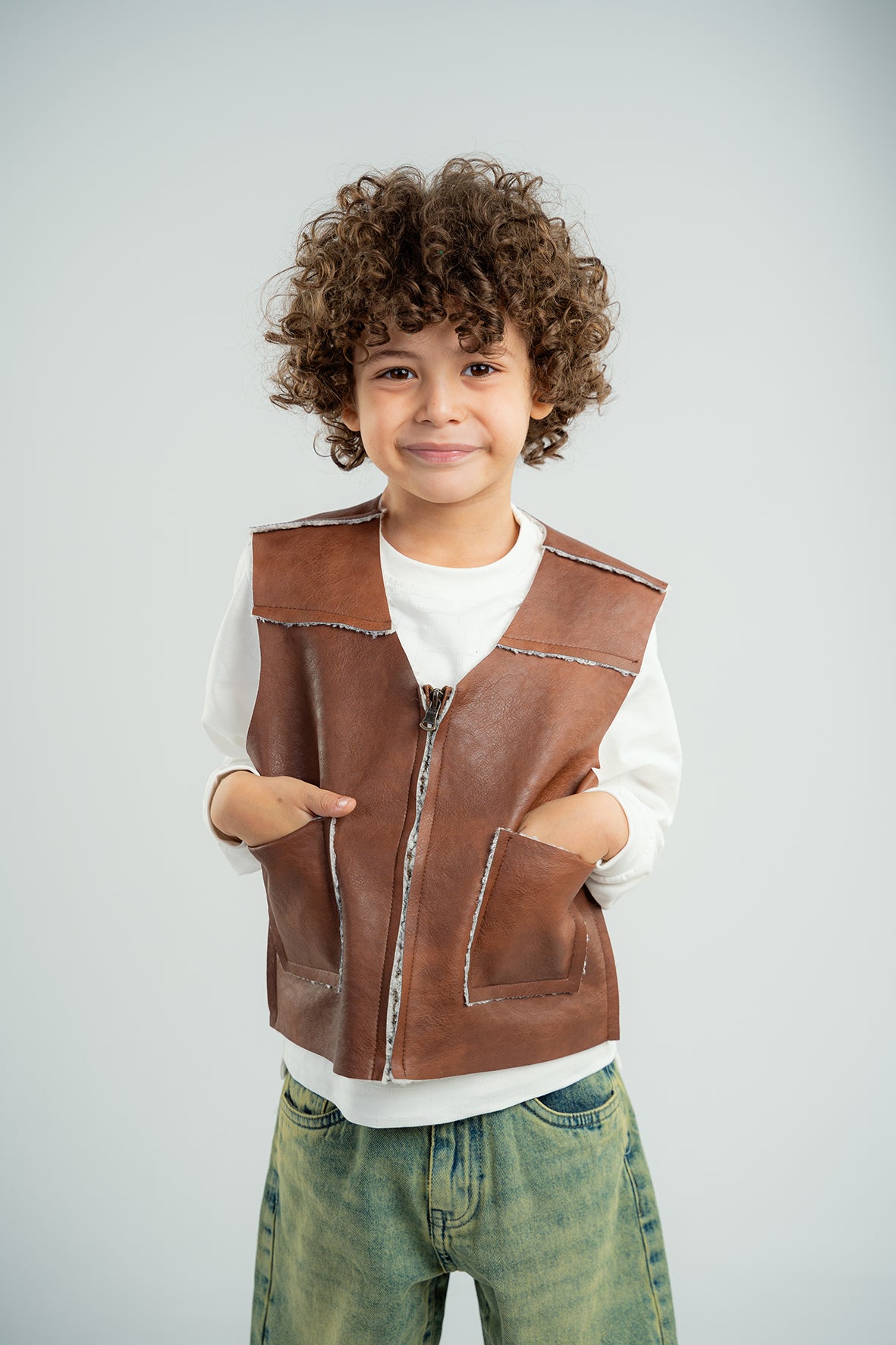 Boys Brown Leather Vest With White Details