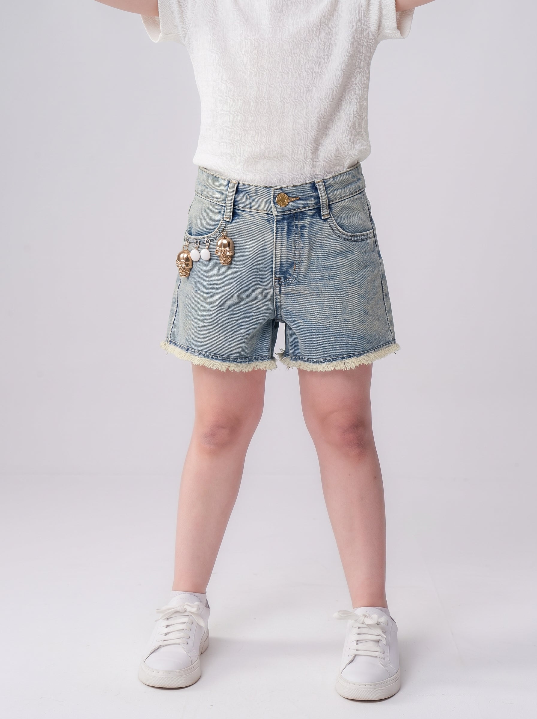 Distressed Denim Shorts with Charm Detail