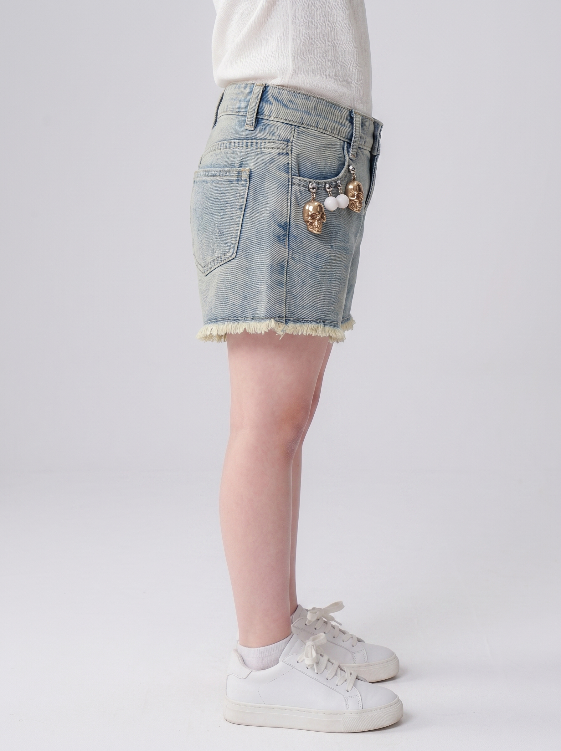Distressed Denim Shorts with Charm Detail